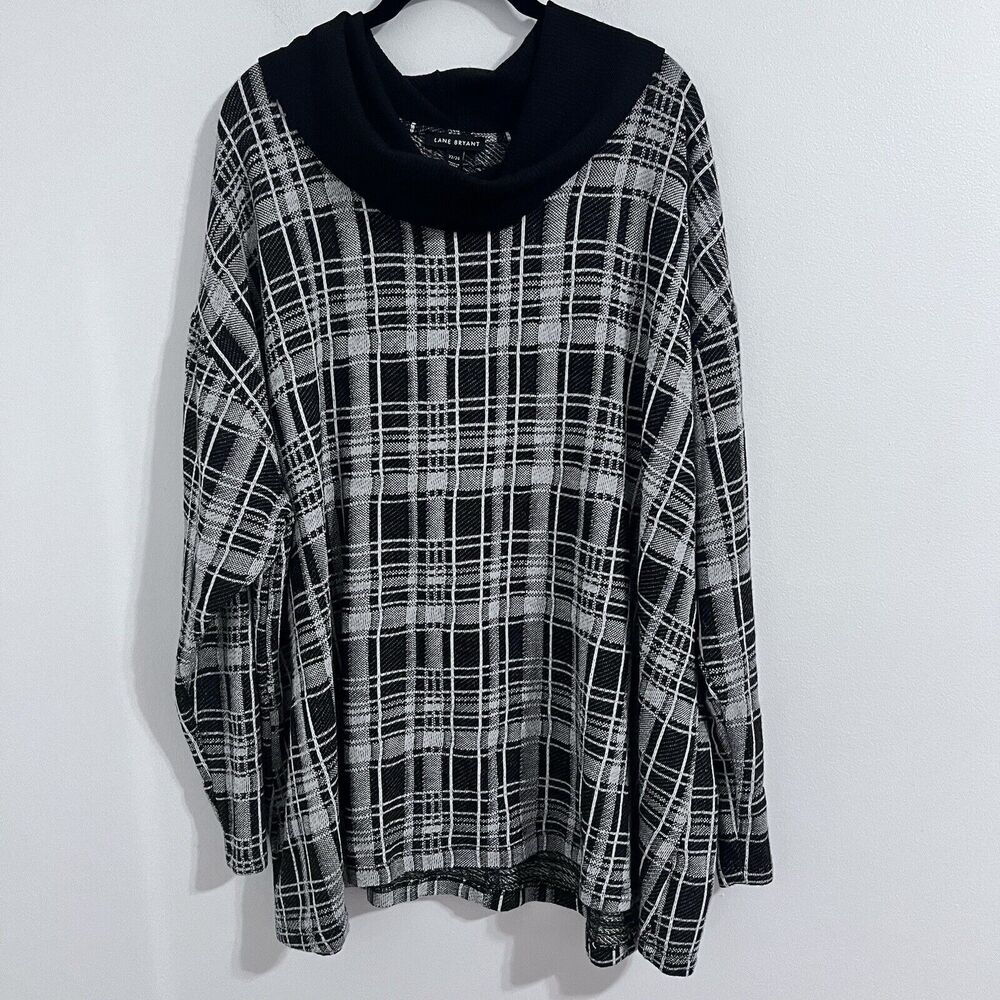 Lane Bryant Cowl Neck Boxy Plaid Knit Sweater Size 22/ 24 Black Modern Cottage